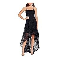 XSCAPE Womens Black Lace Zippered Hi-lo Hem Lined Spaghetti Strap Scoop Neck Full-Length Party Fit + Flare Dress 12