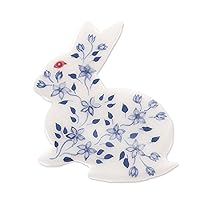NOVICA Handpainted Bunny Rabbit Brooch Pin with Flowers Ceramic White Blue Thailand Floral [1.7 in L x 1.7 in W x 0.1 in D] 'Blue and White Floral Rabbit'