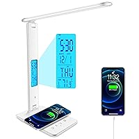 Desk Light with Wireless Charger, USB Charging Port, Dimmable Office Desk Lamp with Clock, Alarm, Date, Temperature, Foldable Lamp for Table Bedroom Bedside Office