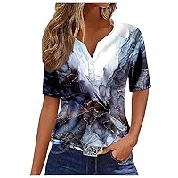 Summer Tops for Women 2024 V-Neck Button Loose Comfy Henley Tunic Loose Fit T-Shirts Casual Short Sleeve Graphic Tees