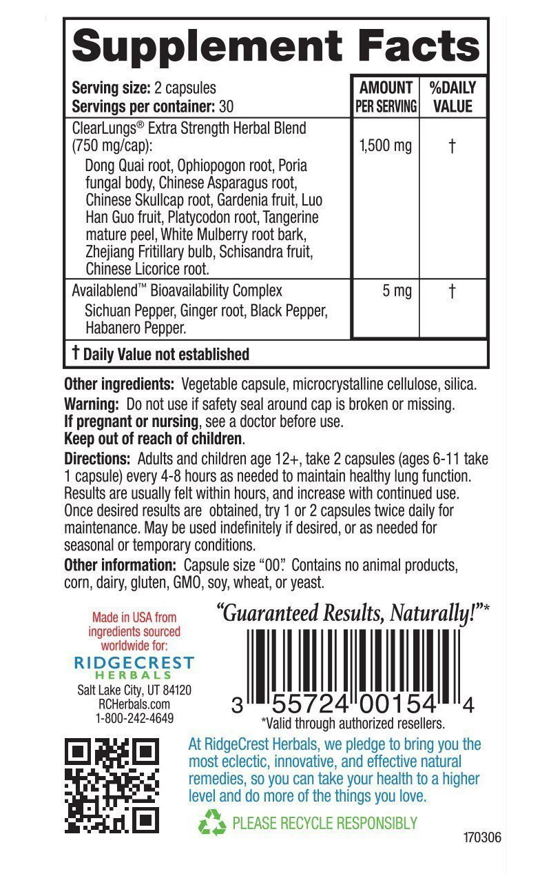 RidgeCrest Herbals ClearLungs Extra Strength, Herbal Decongestant, 60 Vegan Capsules