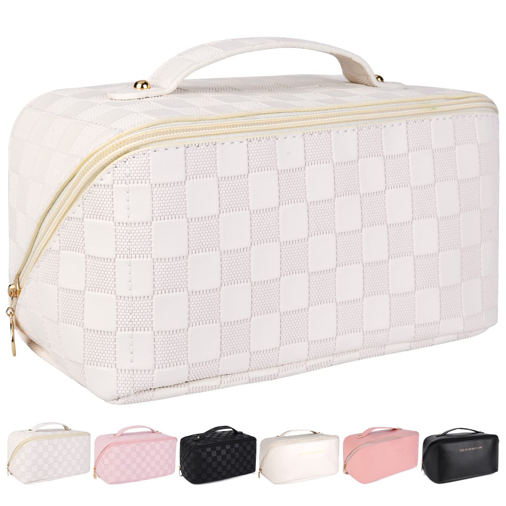 Travel Makeup Bag for Women Large Capacity Cosmetic Bag Waterproof White Checkered Portable PU Leather Toiletry Bag Organizer Makeup Brushes Storage Bag with Dividers and Handle
