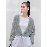Women's Cardigans Single Button Fluffy Knit Cardigan (Color : Gray, Size : X-Large)