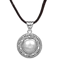 NOVICA Handmade .925 Sterling Silver Mabe Cultured Freshwater Pearl Pendant Necklace Leather Cord White Indonesia Birthstone 'White Orb'