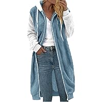 Women's Y2K Jacket Medium Length Solid Color Patchwork Sleeves Double-Sided Plush Pocket Hooded Coat Jacket, S-5XL