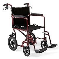 Lightweight Foldable Transport Wheelchair with Handbrakes and 12-Inch Wheels, Red Frame, Black Upholstery
