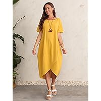 Women's Dress Dresses for Women Scoop Neck Asymmetrical Hem Dress Dresses (Color : Yellow, Size : Small)