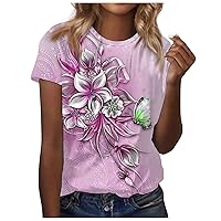 Women's Fashion Casual Short Sleeve Vintage Flower Printed Shirts 2024 Spring Summer Round Neck Pullover Loose Blouse