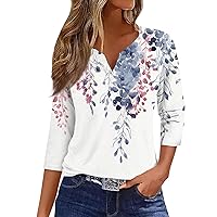 3/4 Sleeve Tops for Women, 2024 Floral Print Vintage Fashion Casual Loose Round Neck Plus Size Trendy Shirts