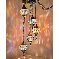 DEMMEX PLUGIN Turkish Moroccan Mosaic Chandelier Light, Ceiling Hanging Lamp Pendant Light Fixture with 15ft 4.5mt Cord Chain and Plug, Handmade, Customizable (5 Globes PLUGIN, 42