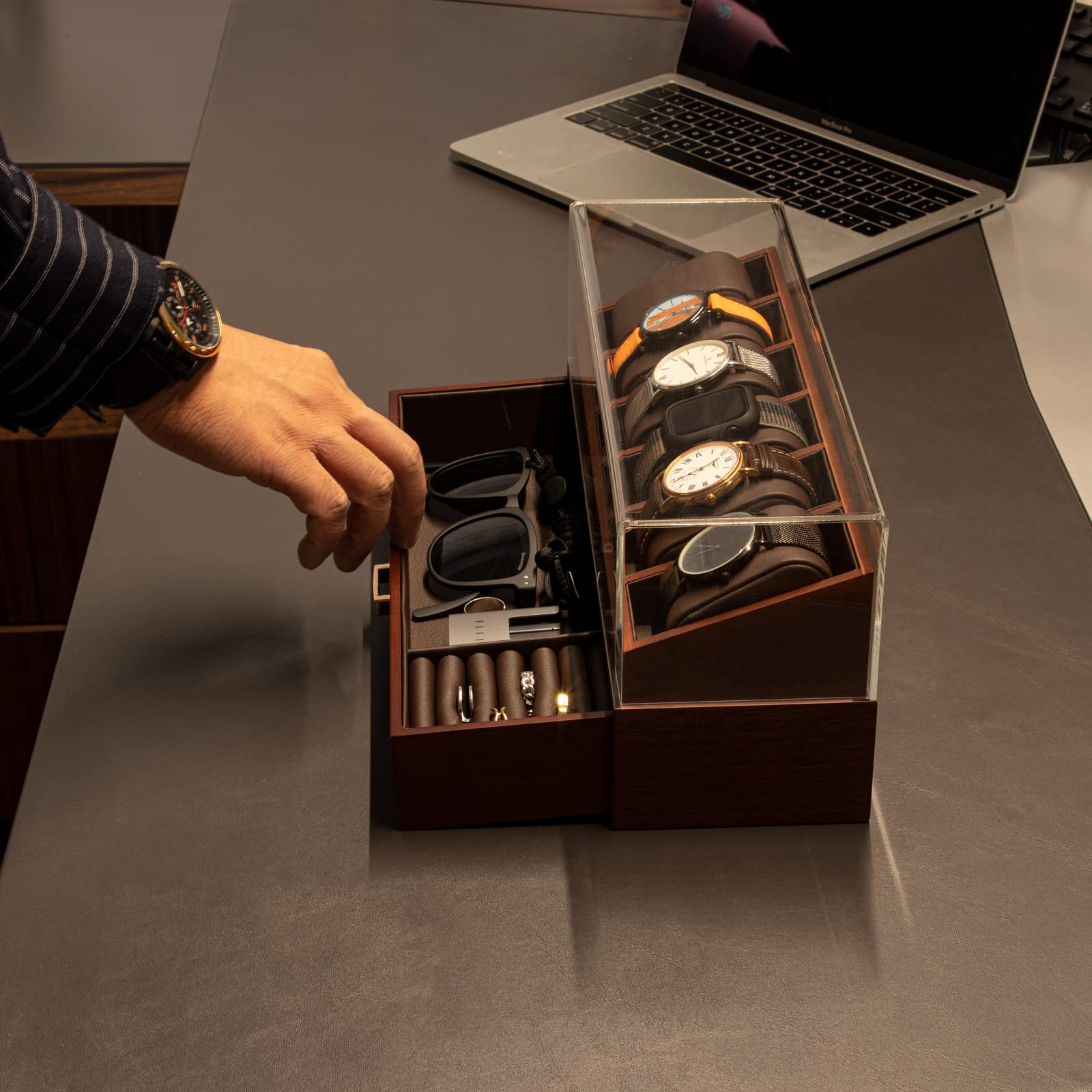 KAMIER Watch Box Case Organizer Display for Men,Two-Tier Wooden Watch Box Organizer For Men with watch holder and Drawer,Walnut