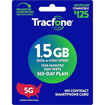 TracFone (Smartphone Only) Airtime Prepaid Service Card - Mail Delivery - 1.5GB Data / 1500 Minutes / 1500 Texts (1500 Minutes / 1500 Texts / 1.5GB Data, 365 Days)