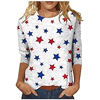 4Th of July Outfits for Women,Women's Casual Three Quarter Sleeve Independence Day Printed Round Neck Plus Size Top