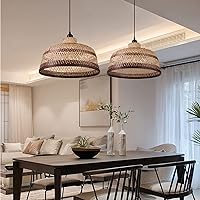 1 Light Bamboo Chandelier Rustic Farmhouse for Kitchen, Brown Stripe Pendant Lights Handwoven Dome Hanging Light Fixtures for Kid's Room Bedroom Coffee Shop, 15.74''W x 9.05''H