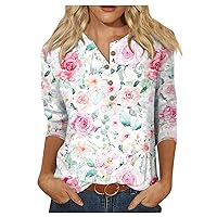 Camisas para Mujer, 3/4 Length Sleeve Womens Tops 3/4 Sleeve Print Graphic Tops for Women Button Down Womens Tops Summer Tops Casual Tops c1-Pink Large