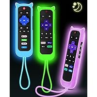 3Pcs Cover for Roku Remote with Cat Ears Design, Silicone Skin Case Compatible with Hisense/TCL Roku TV, Steaming Stick/Express, Universal Replacement Controller. Glow in The Dark Green/Blue/Purple
