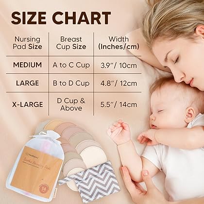 Reusable Nursing Pads for Breastfeeding, 14-Pack - 4-Layers Organic Bamboo Nursing Pads - Breastfeeding Pads - Washable Breast Pads - Natural Bamboo Maternity Pads (Neutrals, Large 4.8