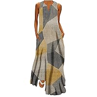 Maxi Dress for Women Beach Vacation Sleeveless Long Floor Length Casual Dress with Pockets Floral Print Tank Dresses