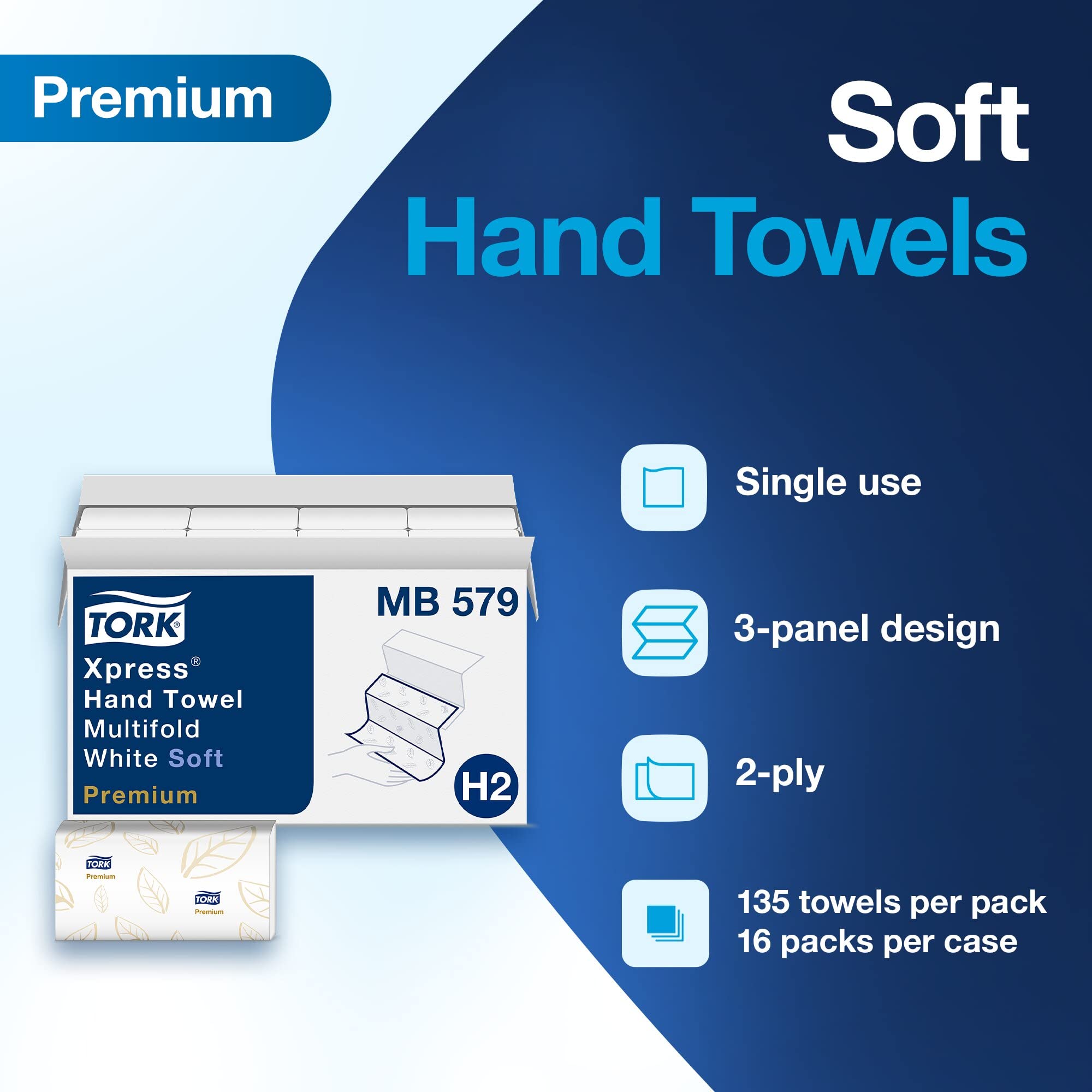 Tork Xpress Soft Multifold Hand Towel White with Blue Leaf Print, Premium Quality, 135 Towels per Pack, 16 Packs, Fits H2 Towel Dispensers