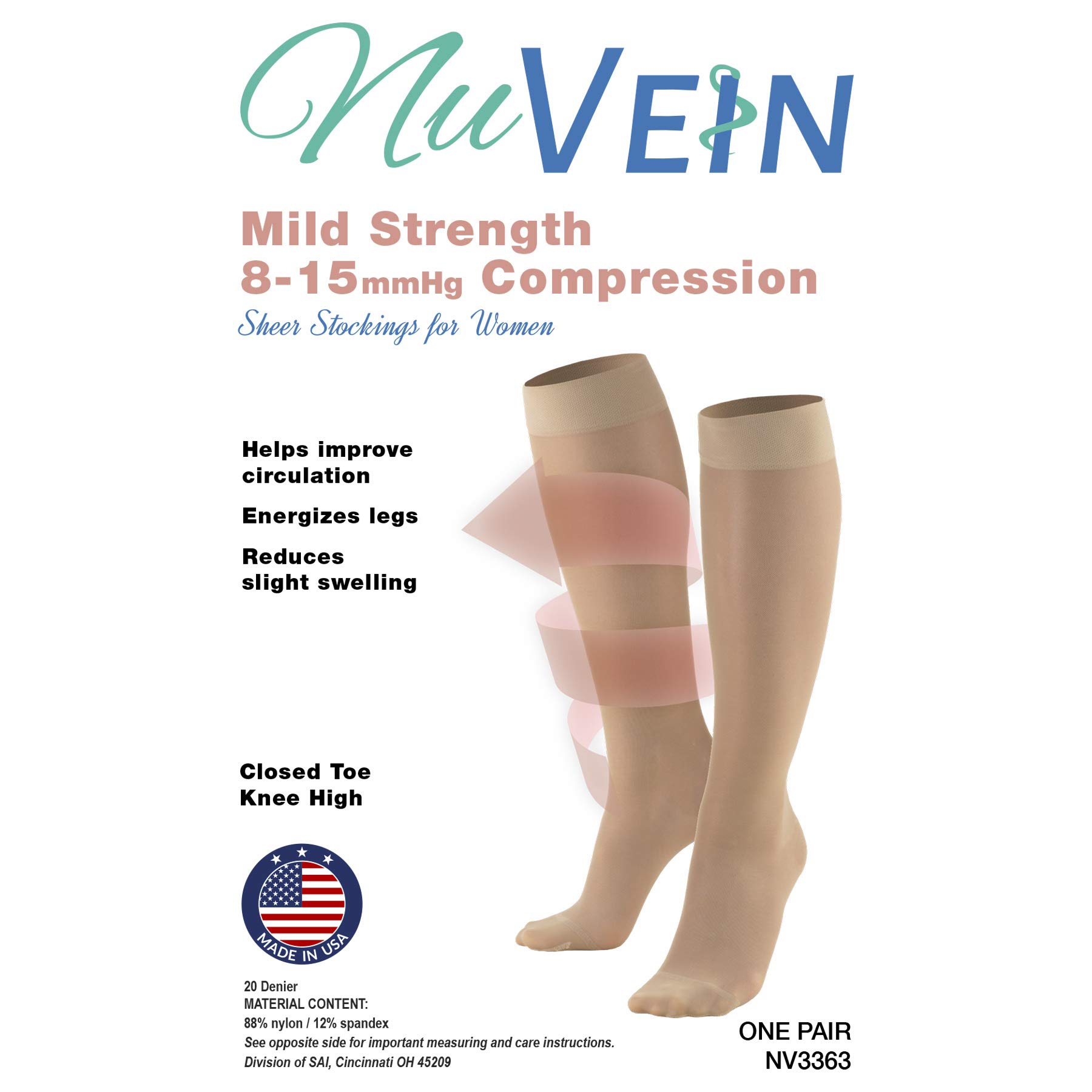 NuVein Sheer Compression Stockings for Women, 8-15 mmHg Support, Light Denier, Knee High, Closed Toe