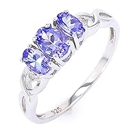 925 Sterling Silver 3 Round Tanzanite 0.87 Ctw and 2 Round Diamond 0.01 Ctw Three Stone Wedding Rings for Women and Girls
