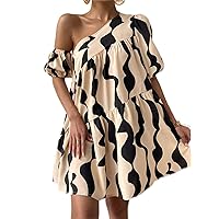 Women's Dress Allover Print Asymmetrical Neck Ruffle Hem Smock Dress Women's Dress AIEBO