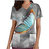 Work Scrub Tops for Women Fall Summer Short Sleeve V Neck Butterfly Loose Fit Long Top T Shirt Blouse Women 2024