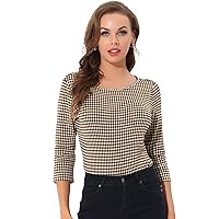 Allegra K Women's Houndstooth Plaid Top Blouse Boat Neck 3/4 Sleeve Office Casual