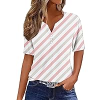 Women's Striped Shirt Casual V Neck Button Down Henley T-Shirts Summer Short Sleeve Tops Baggy Lightweight Blouses