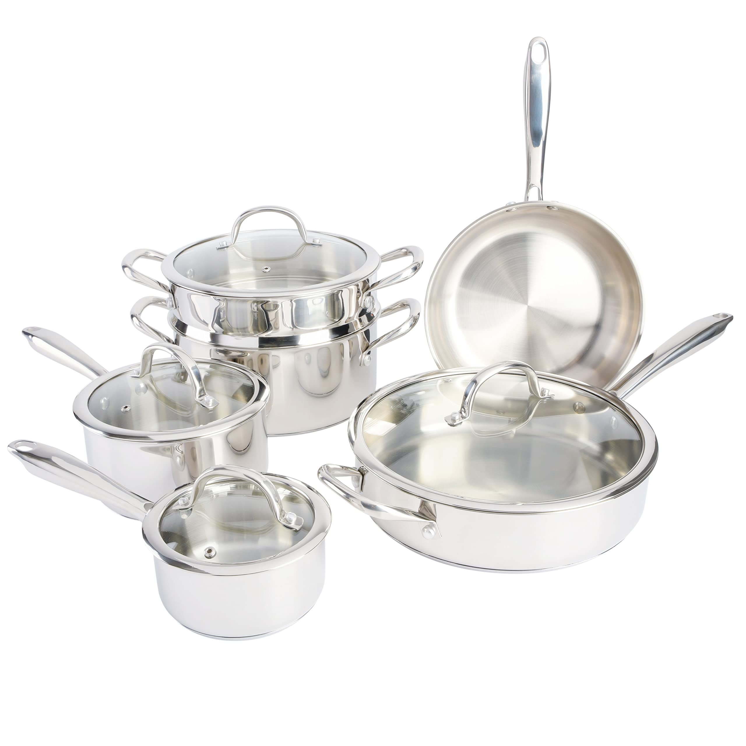 T-fal Stainless Steel Cookware, Multi-Clad, Dishwasher Safe and Oven Safe Cookware  Set, Tri-Ply Bonded, 12-Piece, Silver, Model E469SC 