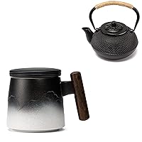 suyika Ceramic Tea Cup with Infuser and Lid Tea Mugs Wooden Handle for Steeping Loose Leaf Tea 400ml, 13.5 oz, Gradient Black & White