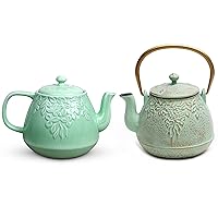 Toptier Leaf Teapot, Cast Iron Teapot 32 oz and Ceramic Teapot 37 oz Set, Cast Iron Tea Kettle Stovetop Safe, Porcelain Tea Pot for Blooming & Loose Leaf, Light Green