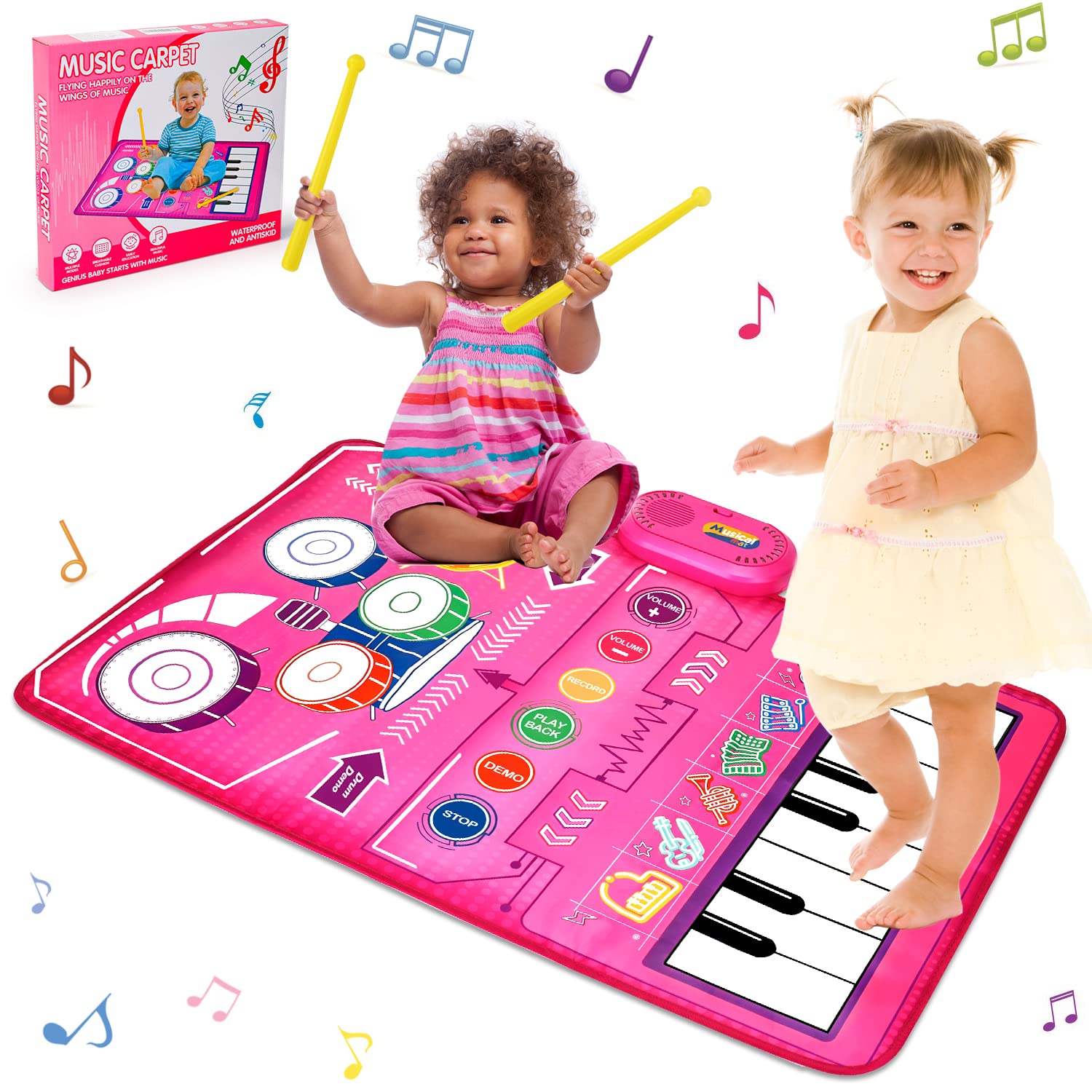 2 in 1 Musical Mat for Toddlers 1-3 Piano Keyboard & Drum Mat with 2 Sticks, Musical Play Mat Baby Learning Toys 12-18 Months Developmental Toddler Toys Age 1-2 Birthday Gifts for 1 2 Year Old Girls