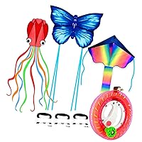 3 Pack Kites-Rainbow Delta Kite, Red Mollusc Octopus Kite, Blue Butterfly Kite & Kite String Reel