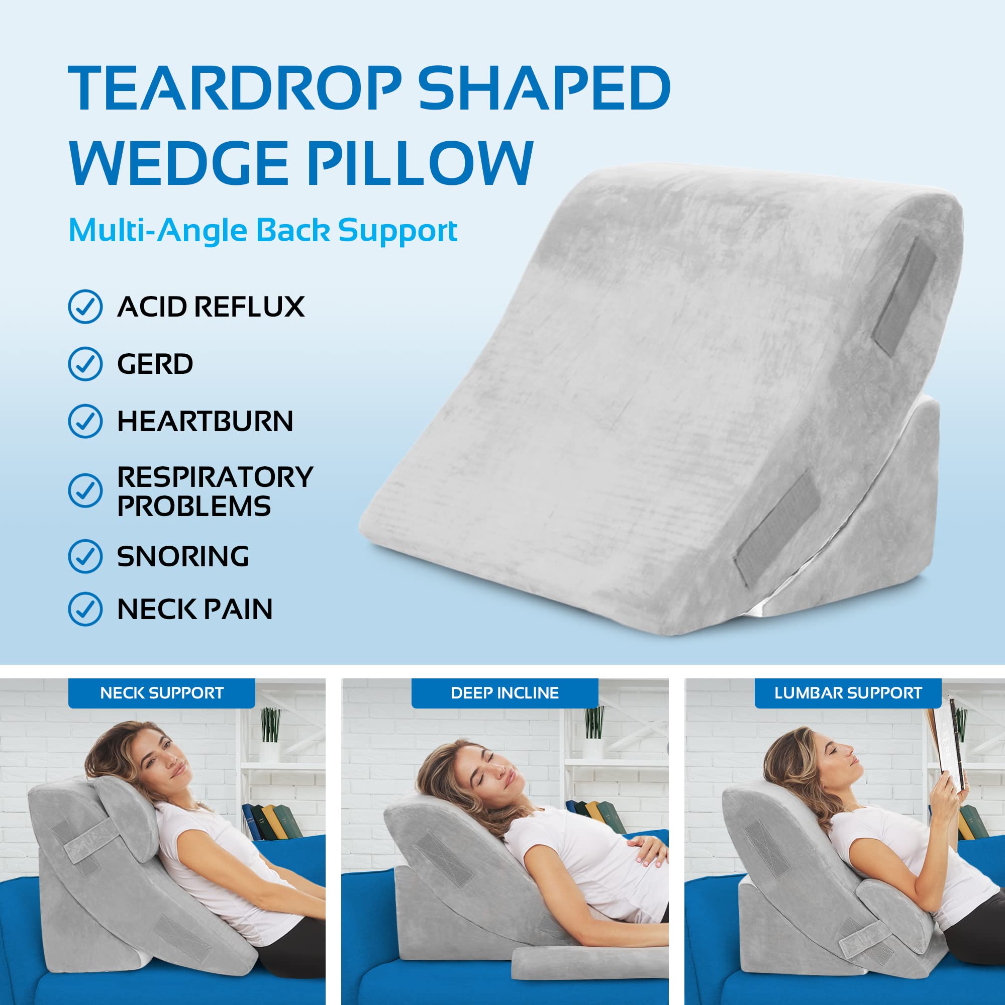 4 PC Bed Wedge Pillows Set - Orthopedic Wedge Pillow for Sleeping - Multi Angle Relief System for Back, Neck. Shoulder, and Leg Elevation Pillows | Acid Reflux, Anti Snoring - Machine Washable Cover