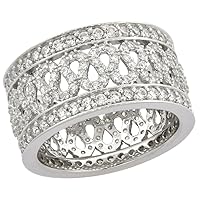 Sterling Silver Micro Pave Cubic Zirconia Curlicue Wedding Band 7/16 inch Wide, Sizes 6-9
