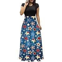 4th of July Outfits for Women Dress Elegant Dresses for Women American Flag Print A Line Patriotic Dresses Short Sleeve Round Neck Tunic Dresses Blue XX-Large