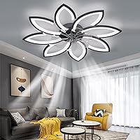 35'' Bladeless Ceiling Fan with Lights and Remote, Flush Mount Modern Low Profile Ceiling Fan with Dimmable LED Light, 6 Speed Wind Timing for Bedroom 90W (Black)
