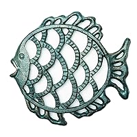 Sungmor Cast Iron Cute Fish Trivet for Wood Stove - Dia-7.5 Inch Dark Green Finish - Rustproof Round Stands for Hot Pots/Dishes/Pans - Decorative Metal Table Trivet for Kitchen Cooking