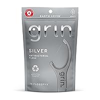 GRIN Silver Flosspyx 75 Count, Dental Flossers, Minty Flavor, Recycled Plastic, for Tight Teeth, Premium Longer Floss Head, Cleans Between Teeth, Includes Safe Soft Fold-Back Tooth Pick