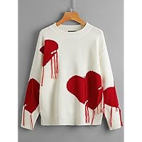 Women's Sweater Heart Pattern Drop Shoulder Fringe Trim Sweater Sweater for Women (Size : Small)