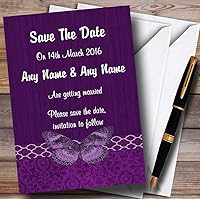 Rustic Vintage Wood Butterfly Purple Personalized Wedding Save The Date Cards