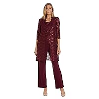 R&M Richards Women's 3 Pc Metallic Tank Top and Pant Set with Sheer Lace Jacket