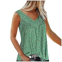 Plus Size Women Sleeveless Tank Tops Blouse Casual Floral Printed Tunic Top Pleated V Neck Loose Fitted Cami Shirts