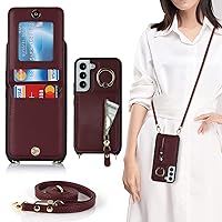 Jaorty Samsung Galaxy S22 5G Phone Case for Women with Card Holder,Samsung S22 Case Wallet Crossbody Lanyard with Strap,Credit Card Slots Kickstand Case with Ring Holder,6.1 Inch,Burgundy