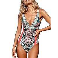 CUPSHE Women's One Piece Swimsuit Deep V Neck Wide Straps Bathing Suit Back Self Tie Lace Up