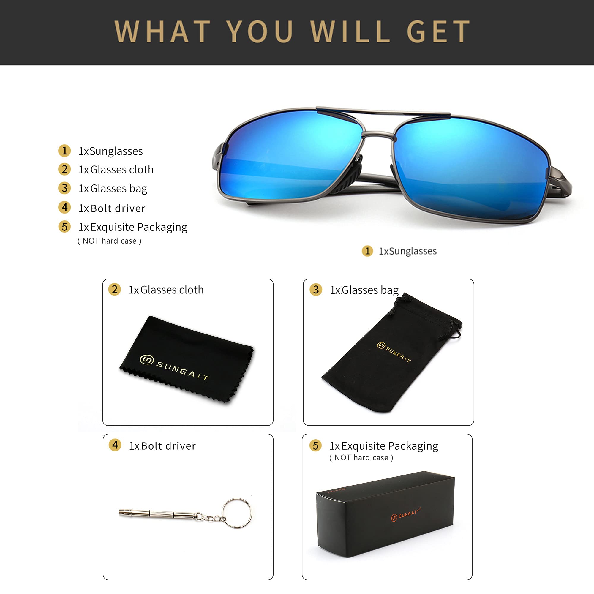 SUNGAIT Ultra Lightweight Rectangular Polarized Sunglasses UV400 Protection