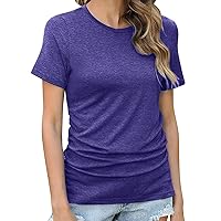 Women's Tops 2024 Summer Short Sleeve Crewneck Blouses Solid Color Trendy Loose Pleated Tunics Work Shirts