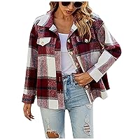 Women's Flannel Plaid Shacket Jacket Long Sleeve Button Down Chest Pocketed Shirts Boyfriend Fall Blouses Tops