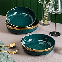 Stone Lain Florian Porcelain 3-Piece Round Shallow Bowl Service Set, Green with Gold Rim